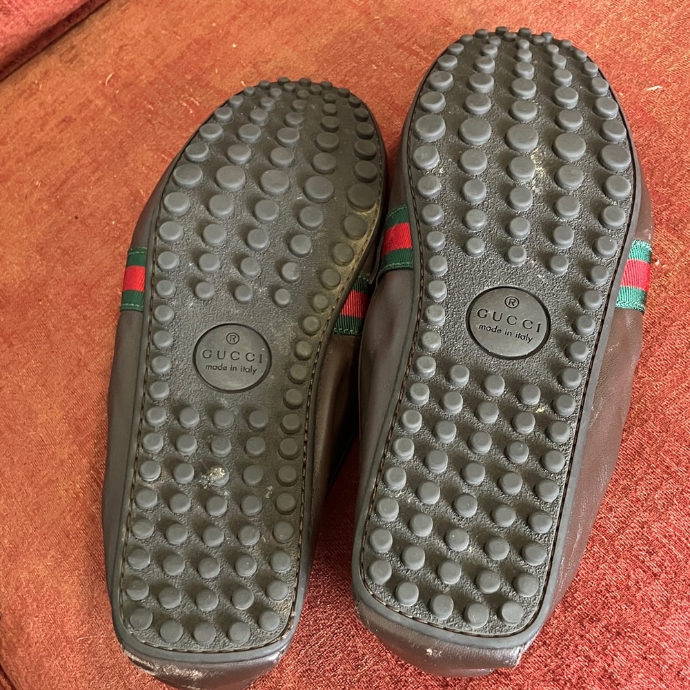 Gucci Brown Leather Penny Loafers with Signature Red & Green Web - Picture 5 of 11
